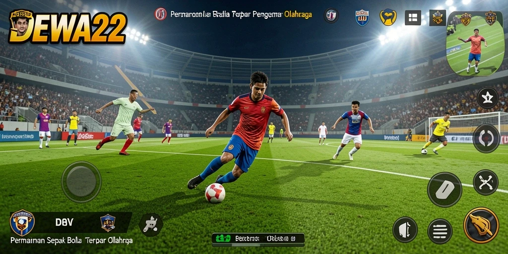 Gameplay seru DEWA22 dengan aksi sepak bola yang mendebarkan.