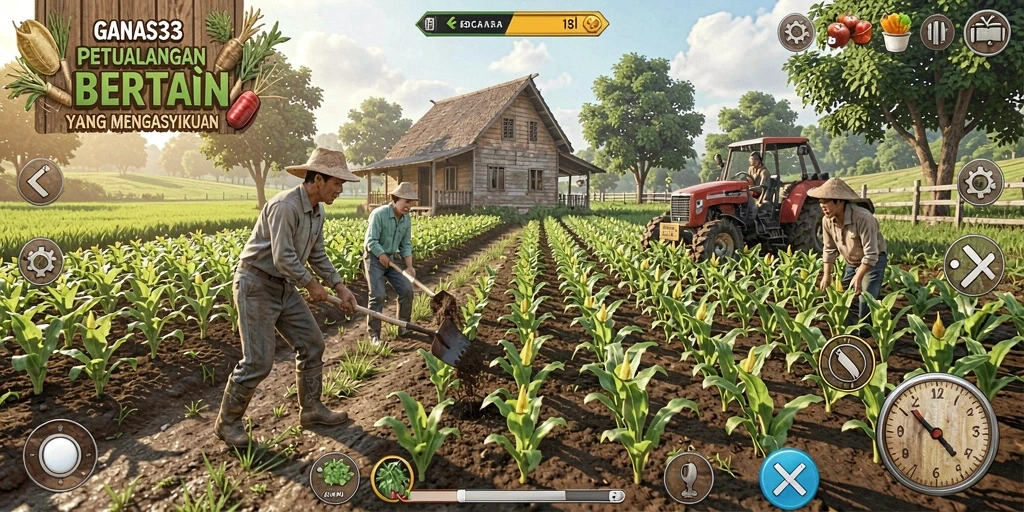 Tampilan screenshot utama GANAS33 memperlihatkan ladang yang subur dengan berbagai tanaman.