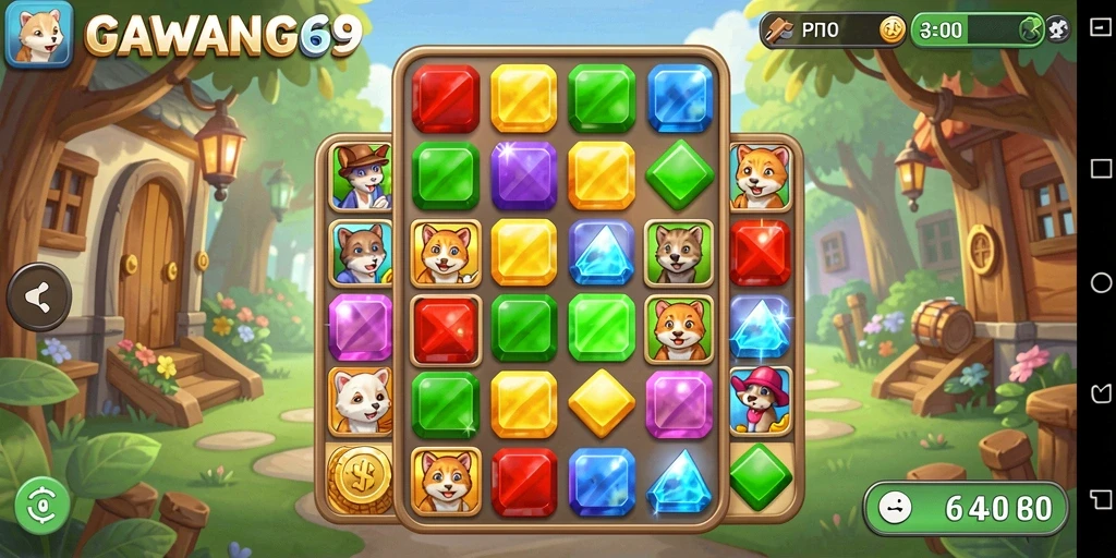 Tampilan gameplay seru dari GAWANG69 dengan grafis Match-3 yang menarik.