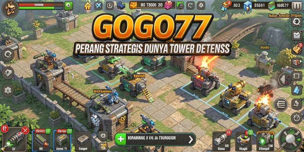 Tangkapan layar GOGO77 menampilkan aksi menara pertahanan yang intens.