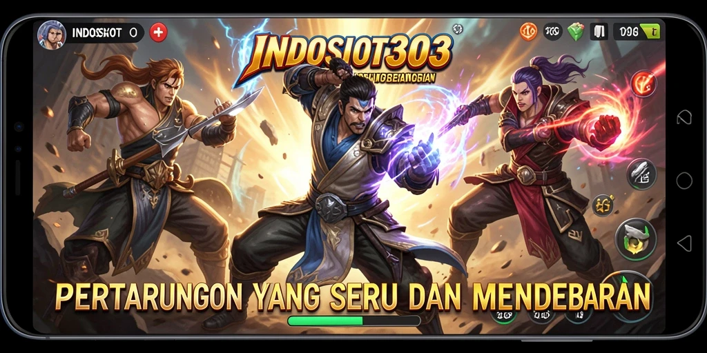 Tampilan gameplay seru di INDOSLOT303 dengan karakter bertarung hebat.