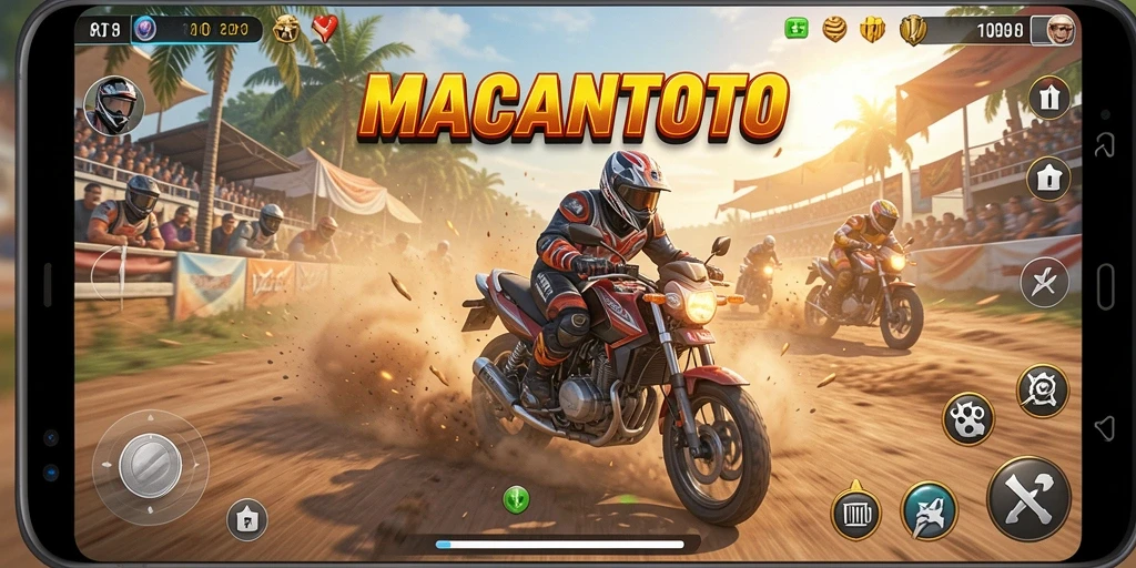 Tampilan gameplay balapan motor yang mengasyikkan di MACANTOTO.
