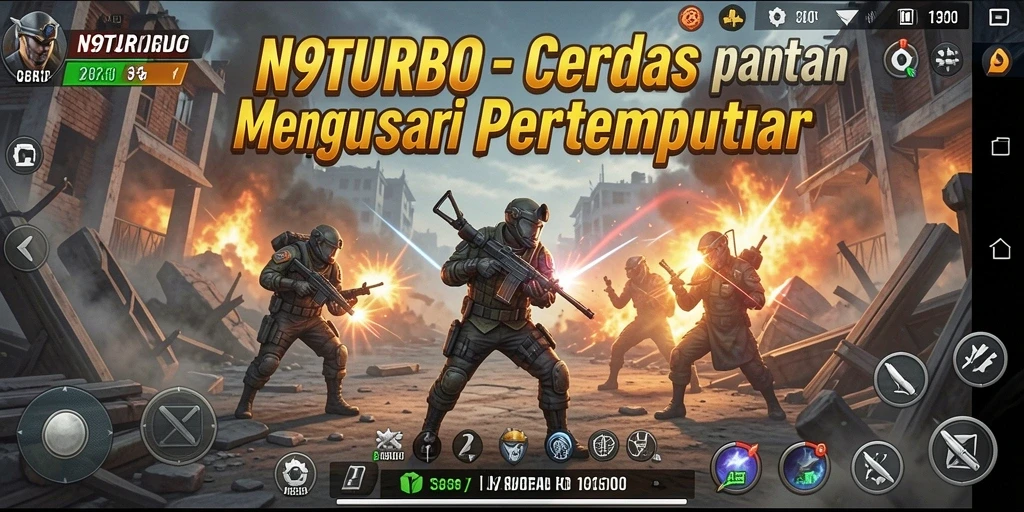 Screenshot gameplay N9TURBO menampilkan pertempuran strategis yang mendebarkan.