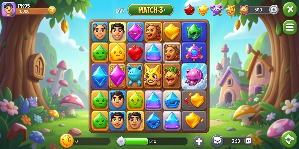 Tampilan gameplay Match-3 yang penuh warna dan menarik.